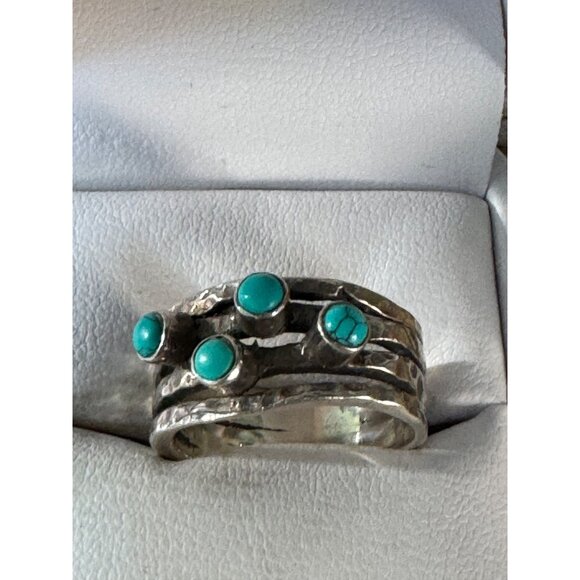 Handcrafted Sterling Silver Ring With Turquoise Stones Size 8 - Picture 2 of 5